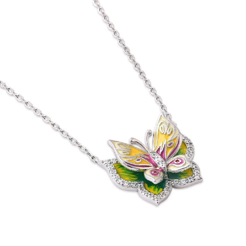 Sterling Silver Clear CZ Enamel Butterfly Necklace