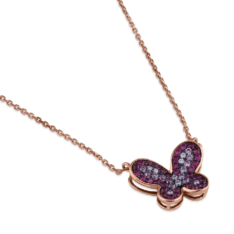 Sterling Silver Rose Gold Plated Pink and Clear Butterfly CZ Necklace