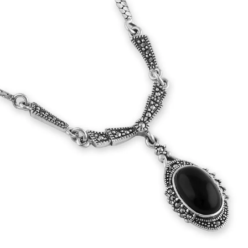 Sterling Silver Victorian Black Onyx Oval Halo Marcasite Necklace