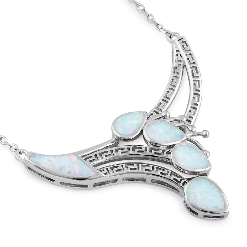 Sterling Silver White Lab Opal Anthurium Bouquet Greek Necklace