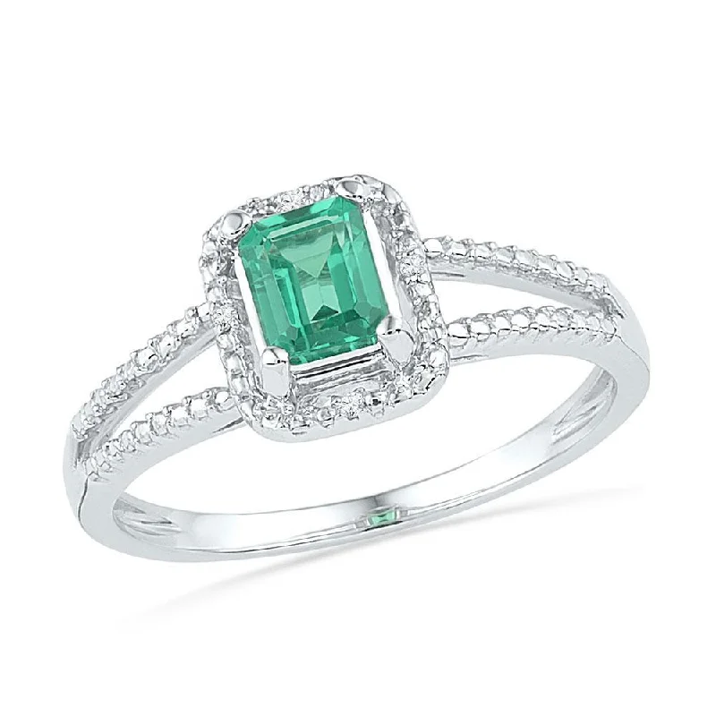 10kt White Gold Womens Synthetic Emerald Solitaire Diamond Split-shank Ring 1-1/2 Cttw