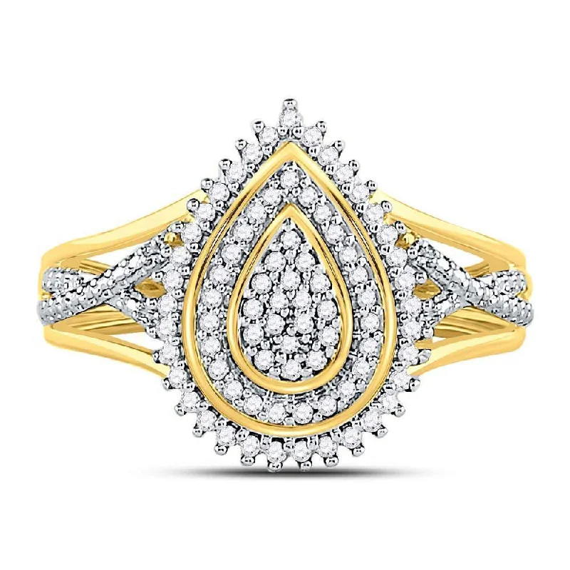 10kt Yellow Gold Womens Round Diamond Concentric Teardrop Cluster Ring 1/4 Cttw