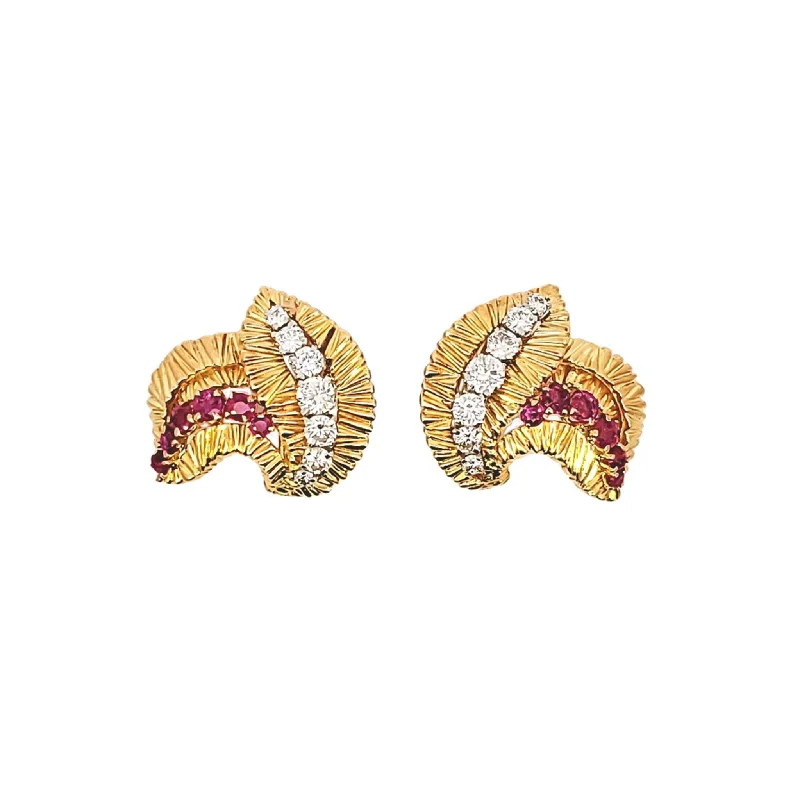 1950s 18KT Yellow Gold Ruby & Diamond Earrings