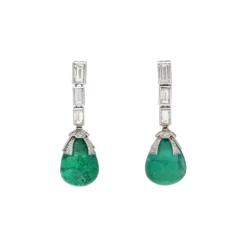 1970s Platinum Emerald & Diamond Earrings