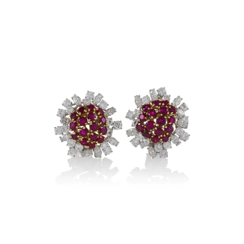 Boucheron Paris 1960s Platinum & 18KT Yellow Gold Ruby & Diamond Earrings