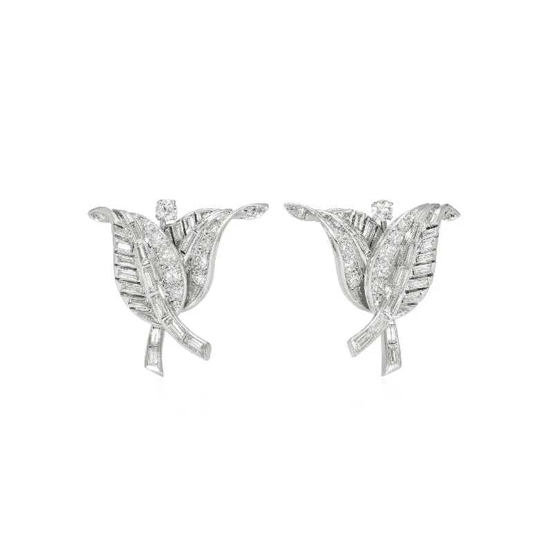 French 1950s Platinum & 18KT White Gold Diamond Earrings