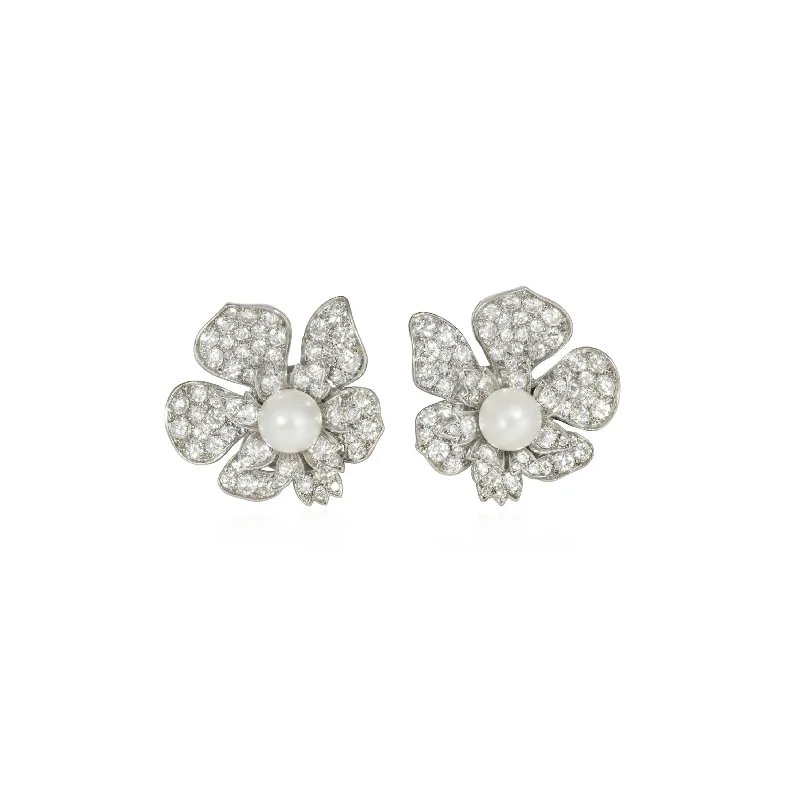 French 1950s Platinum Diamond & Pearl Flower Earrings