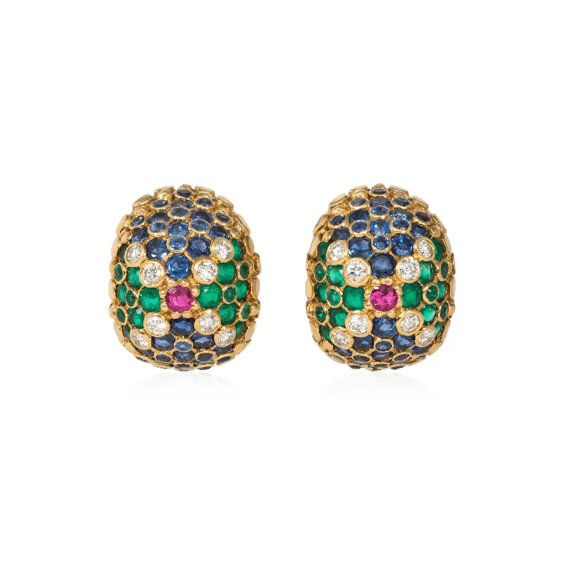 French 1960s 18KT Yellow Gold Diamond, Emerald, Ruby & Sapphire Earrings