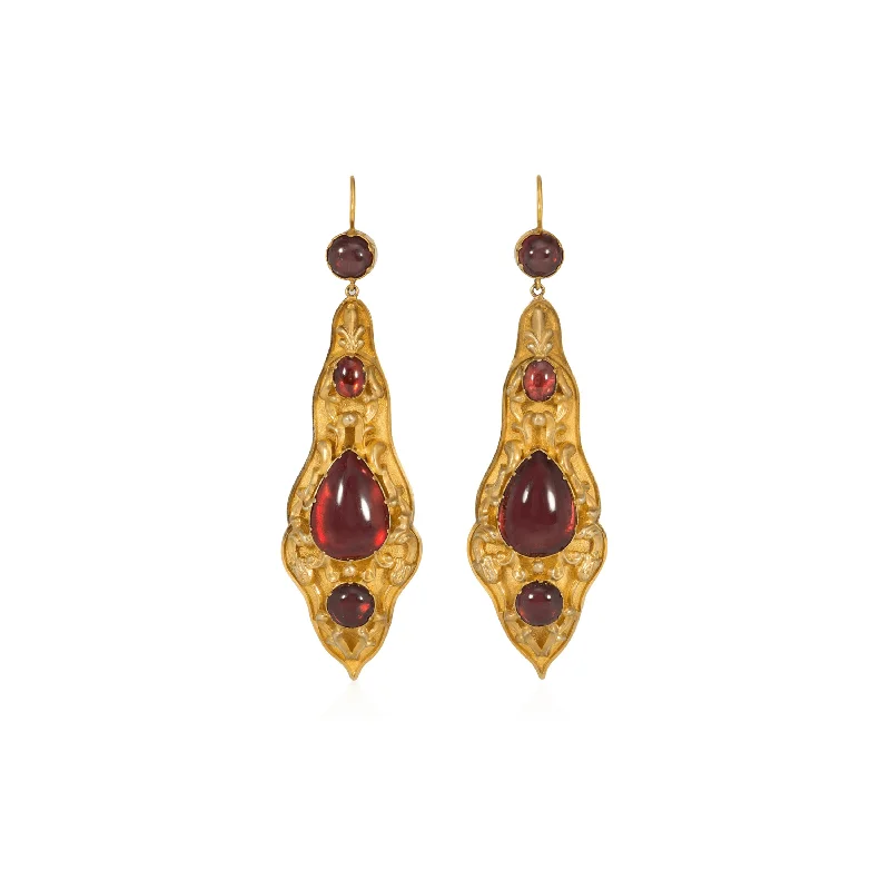 Georgian 18KT Yellow Gold Garnet Repoussé Pendant Earrings