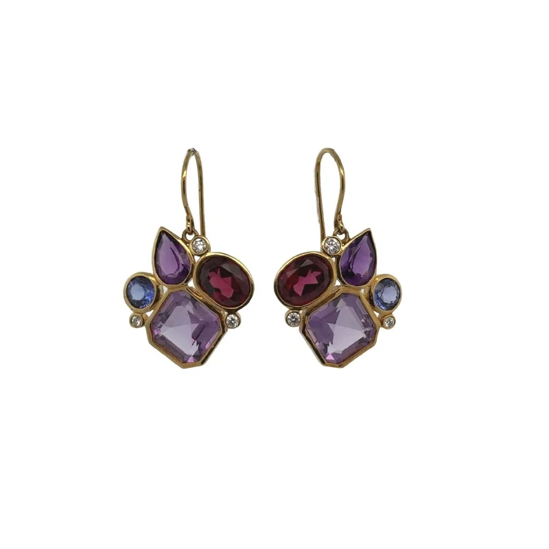 Julius Cohen 1980s 18KT Yellow Gold Amethyst, Diamond, Rhodolite & Tanzanite Earrings