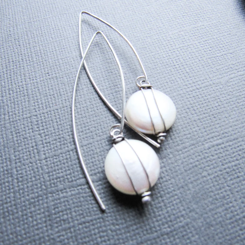 White Coin Pearl Threader Earrings