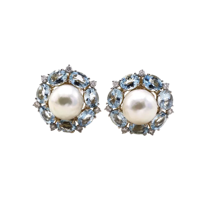 Schepps, Seaman 1970s 18KT White Gold Aquamarine, Cultured Pearl Earrings