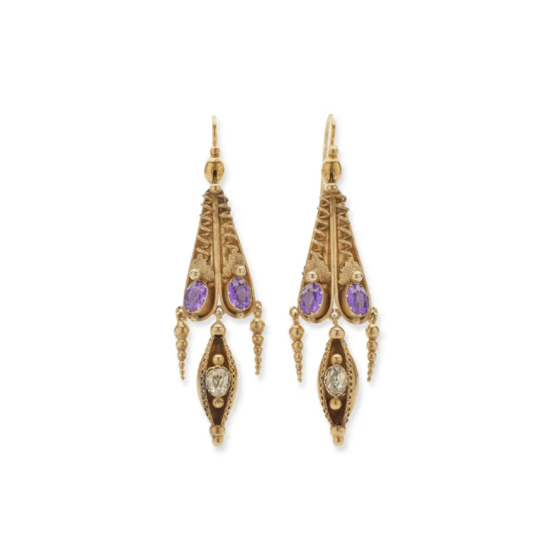 Victorian 15KT Yellow Gold Amethyst & Chrysoberyl Earrings