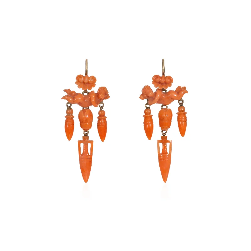 Victorian 15KT Yellow Gold Coral Angel Earrings