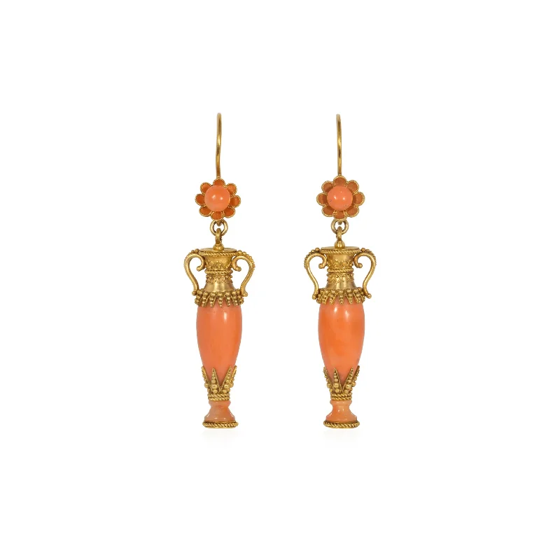 Victorian Etruscan Revival 18KT Yellow Gold Coral Earrings