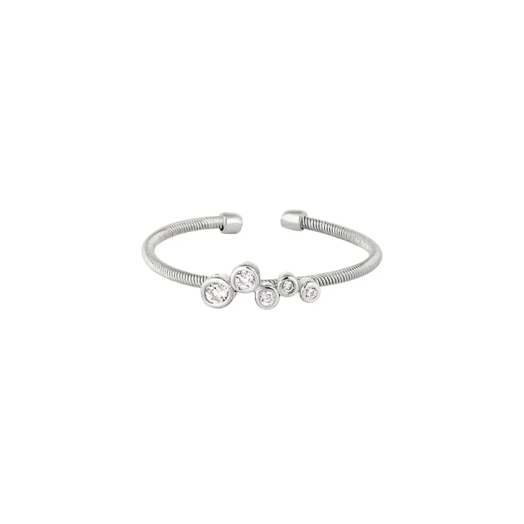 Rhodium Finish Sterling Silver Cable Cuff Ring with Bubble Pattern with Simulated Diamonds