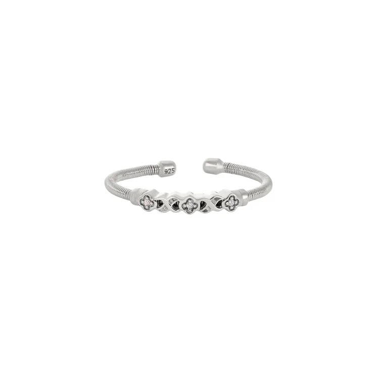 Rhodium Finish Sterling Silver Cable Cuff Ring with Simulated Diamond XO Flower Design