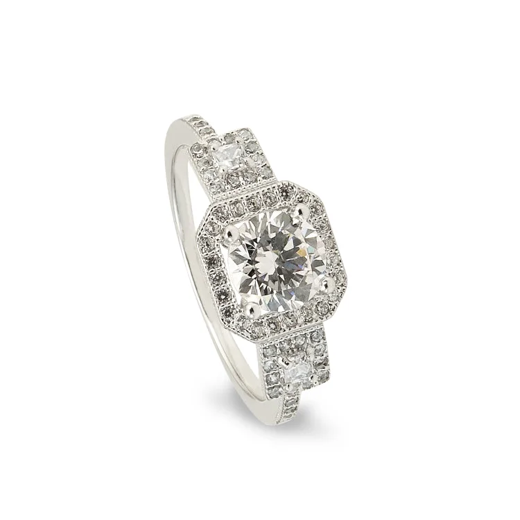 Platinum Finish Sterling Silver Micropave Octagon Ring with 59 Simulated Diamonds