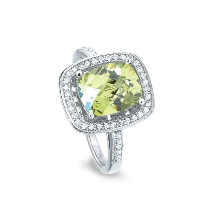 Platinum Finish Sterling Silver Micropave Ring with Simulated Peridot and Simulated Diamonds