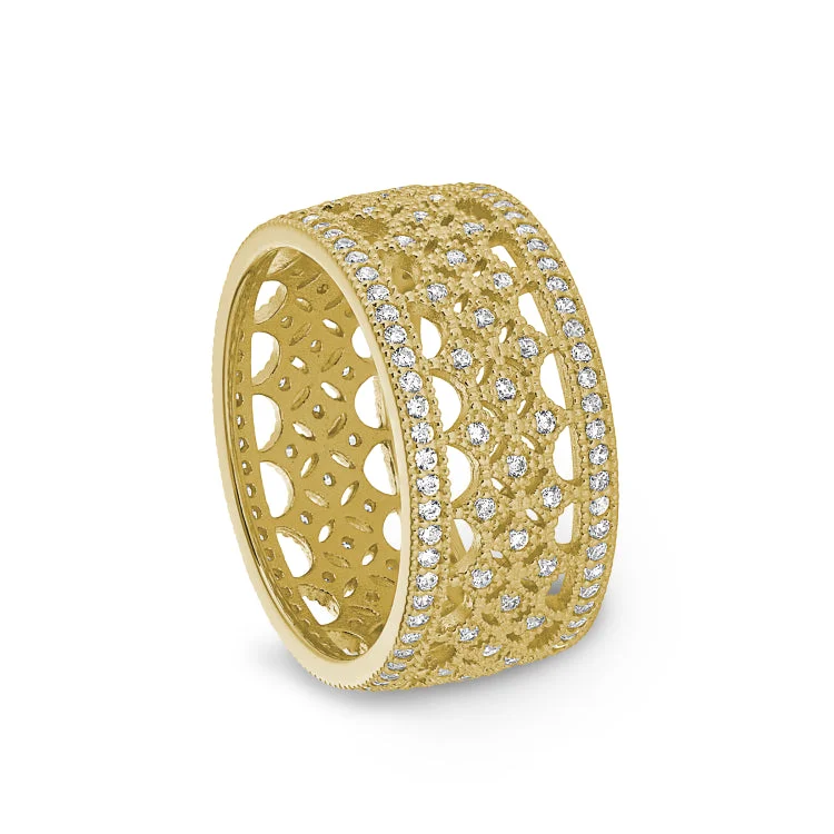 Gold Finish Sterling Silver Micropave Fancy Ring with Simulated Diamonds