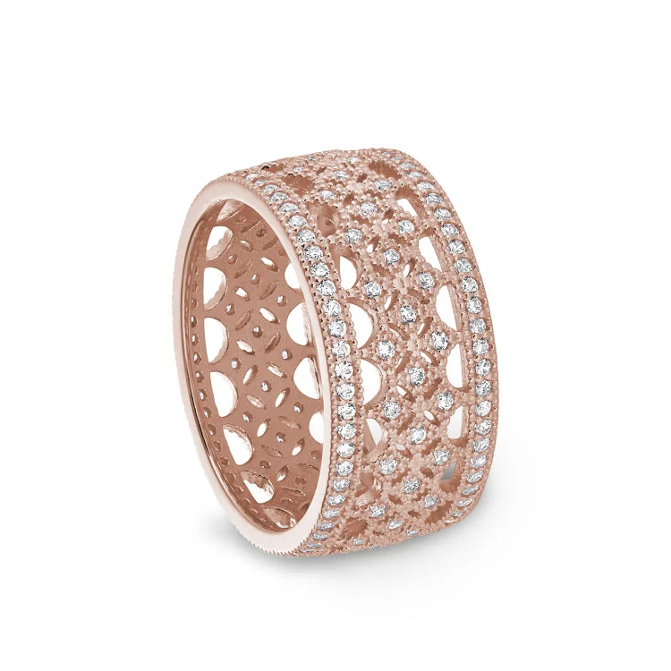 Rose Gold Finish Sterling Silver Micropave Fancy Ring with Simulated Diamonds