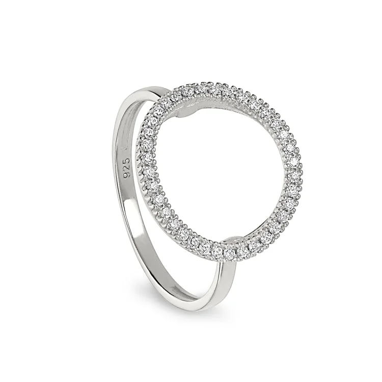 Platinum Finish Sterling Silver Micropave Open Circle Ring with Simulated Diamonds