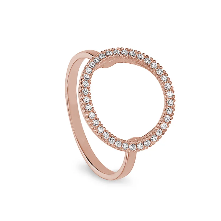 Rose Gold Finish Sterling Silver Micropave Open Circle Ring with Simulated Diamonds