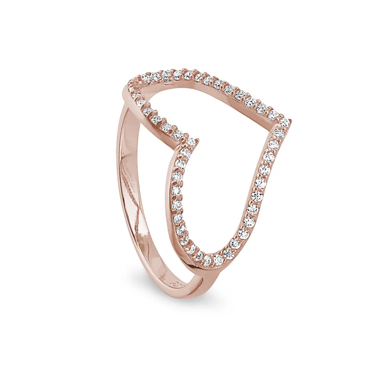 Rose Gold Finish Sterling Silver Micropave Open Heart Ring with Simulated Diamonds