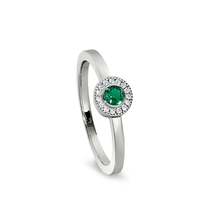 Platinum Finish Sterling Silver Micropave Round Simulated Emerald Ring with Simulated Diamonds Size 4