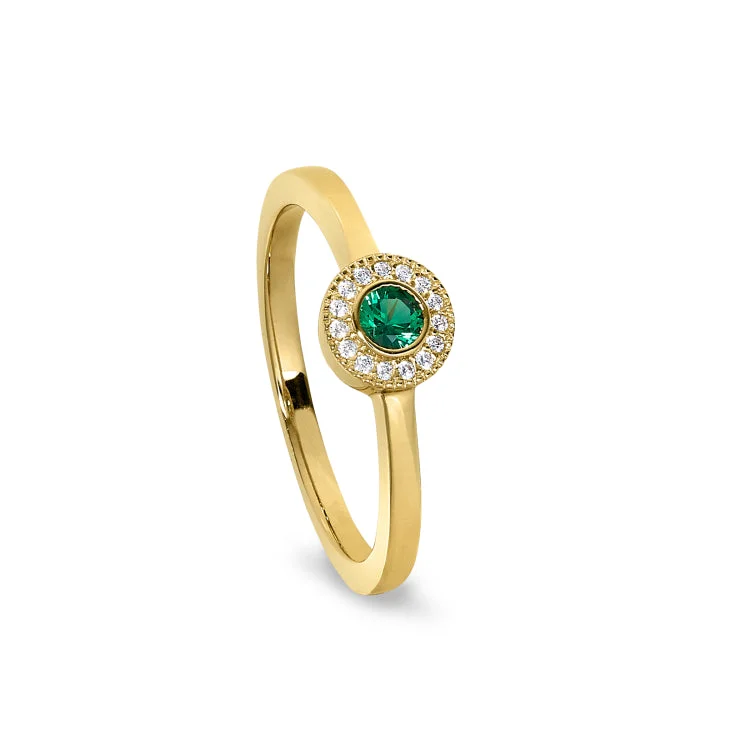 Gold Finish Sterling Silver Micropave Round Simulated Emerald Ring with Simulated Diamonds Size 5