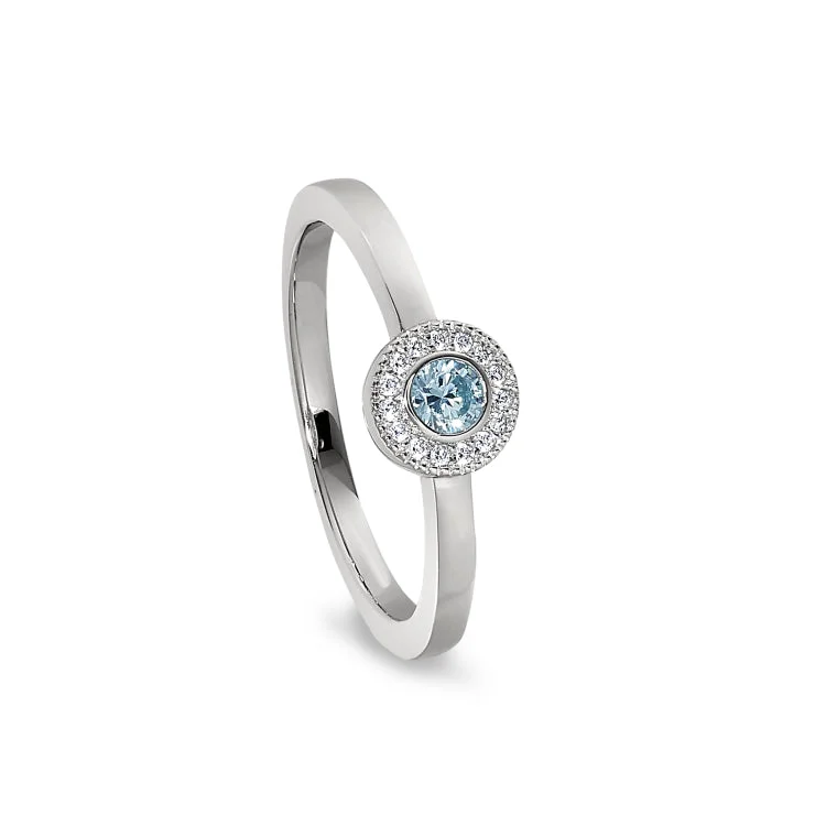 Platinum Finish Sterling Silver Micropave Round Simulated Aquamarine Ring with Simulated Diamonds Size 6