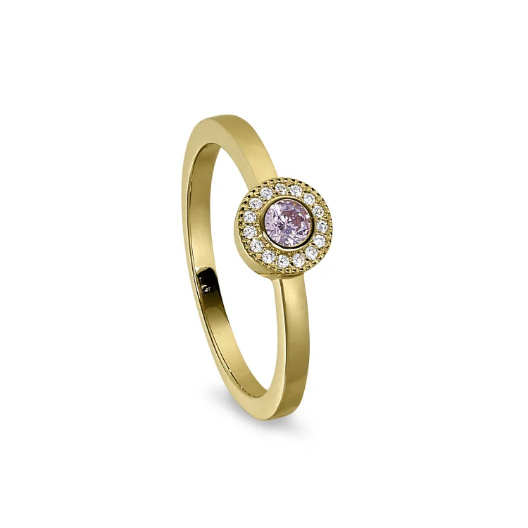 Gold Finish Sterling Silver Micropave Round Simulated Pink Sapphire Ring with Simulated Diamonds Size 7