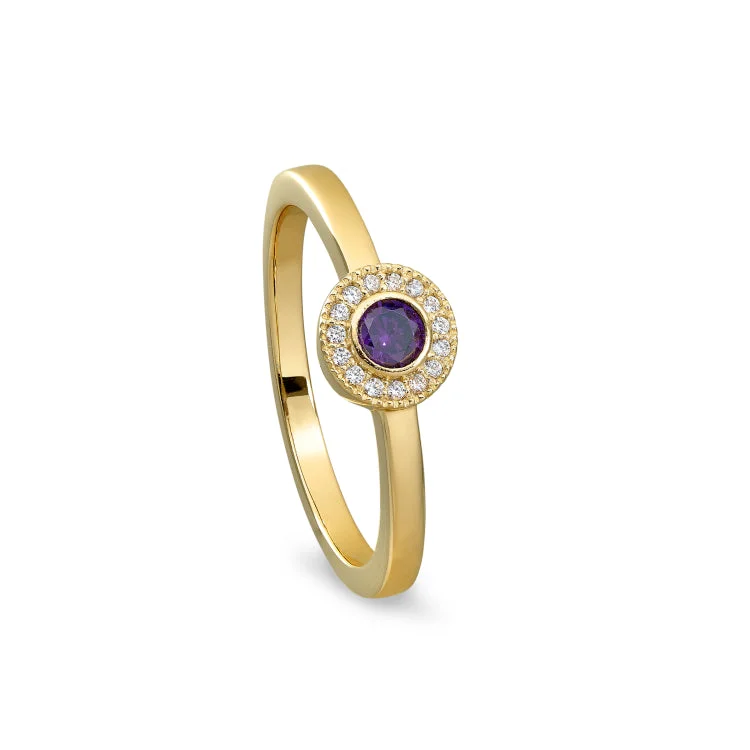 Gold Finish Sterling Silver Micropave Round Simulated Amethyst Ring with Simulated Diamonds Size 7