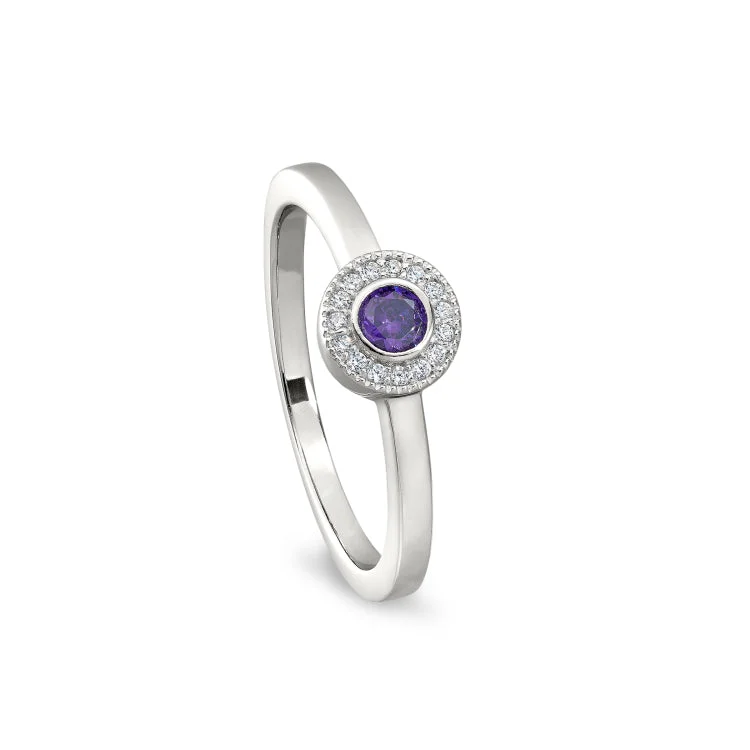 Platinum Finish Sterling Silver Micropave Round Simulated Amethyst Ring with Simulated Diamonds Size 7