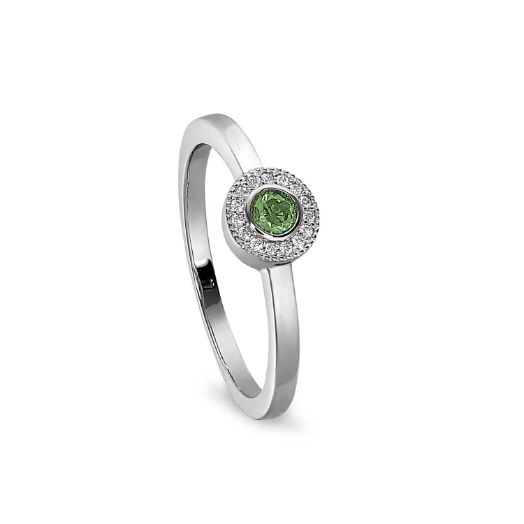 Platinum Finish Sterling Silver Micropave Round Simulated Peridot Ring with Simulated Diamonds Size 8