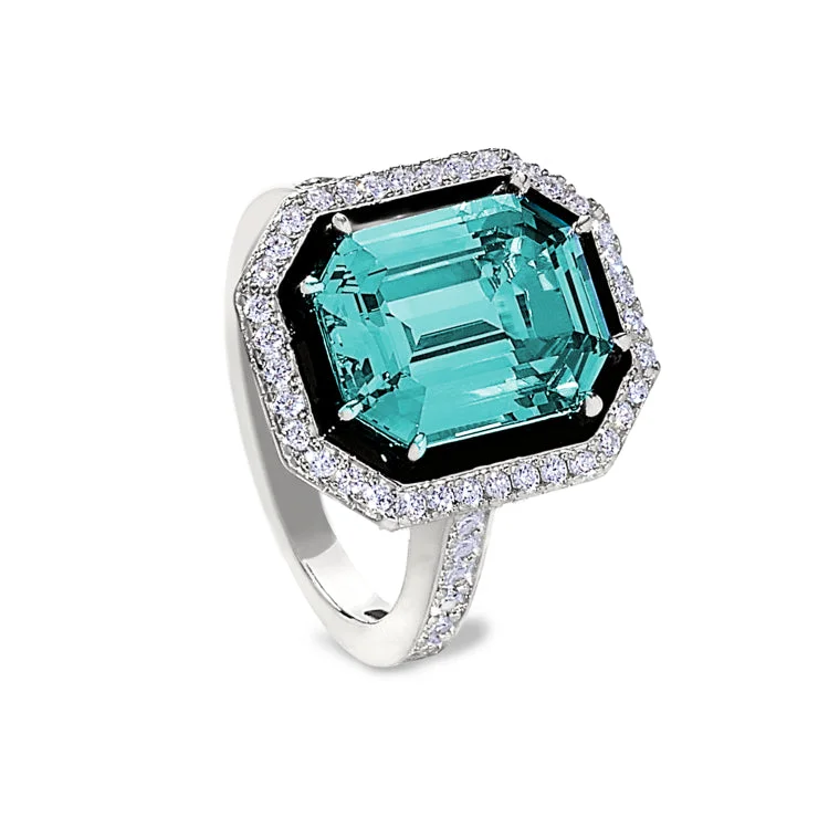 Platinum Finish Sterling Silver Micropave Black Enamel & Aqua Spinel Octagon Ring with Simulated Diamonds - Size 5