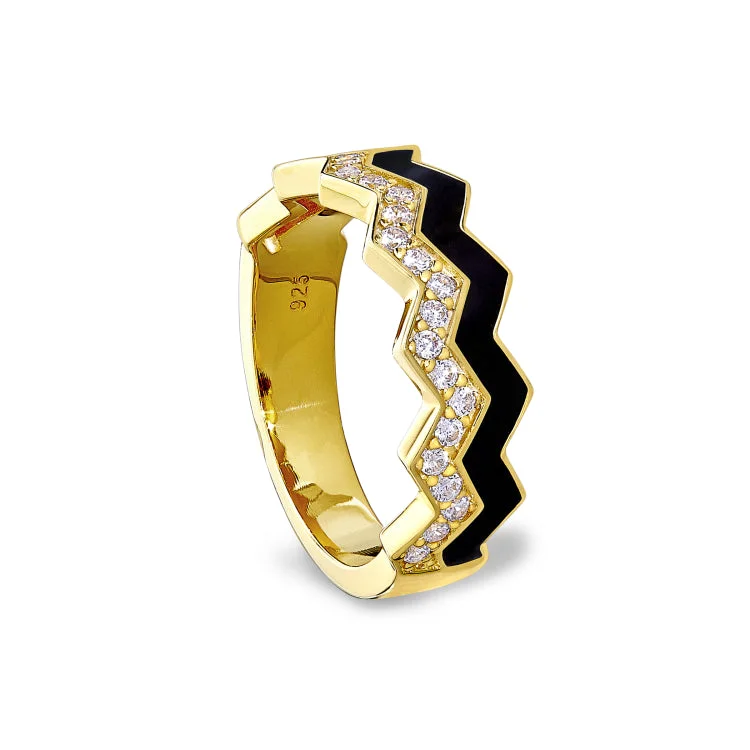 Gold Vermeil Sterling Silver Micropave Ring with with Black Enamel and Simulated Diamondss