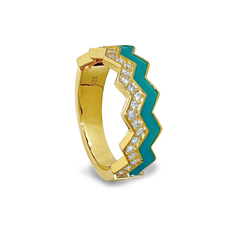 Gold Vermeil Sterling Silver Micropave Ring with with Turquoise Enamel and Simulated Diamondss