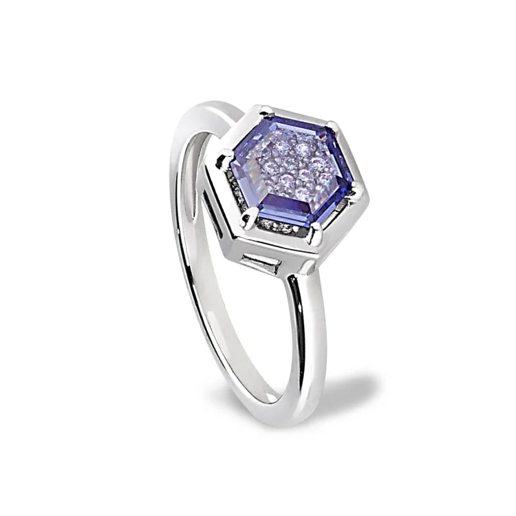 Platinum Finish Sterling Silver Flat Hexagon Synthetic Tanzanite Ring with Simulated Diamonds - Size 8