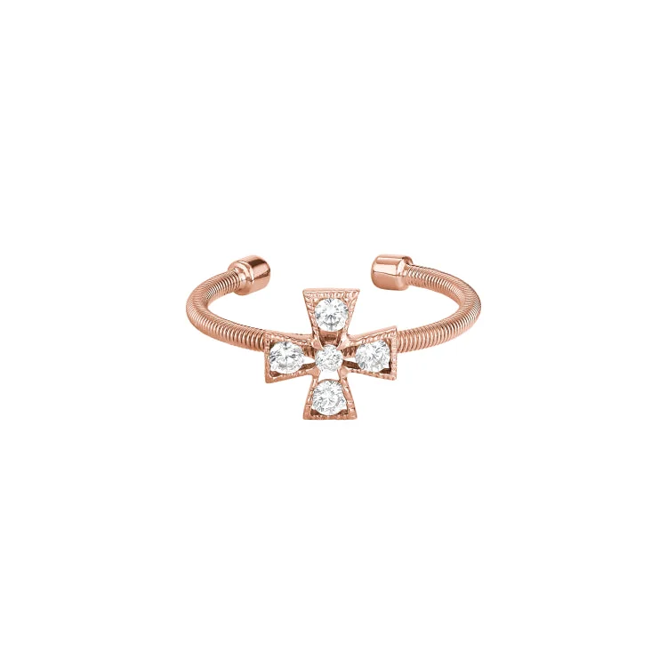 Rose Gold Finish Sterling Silver Cable Cuff 5 Stone Cross Ring with Simulated Diamonds