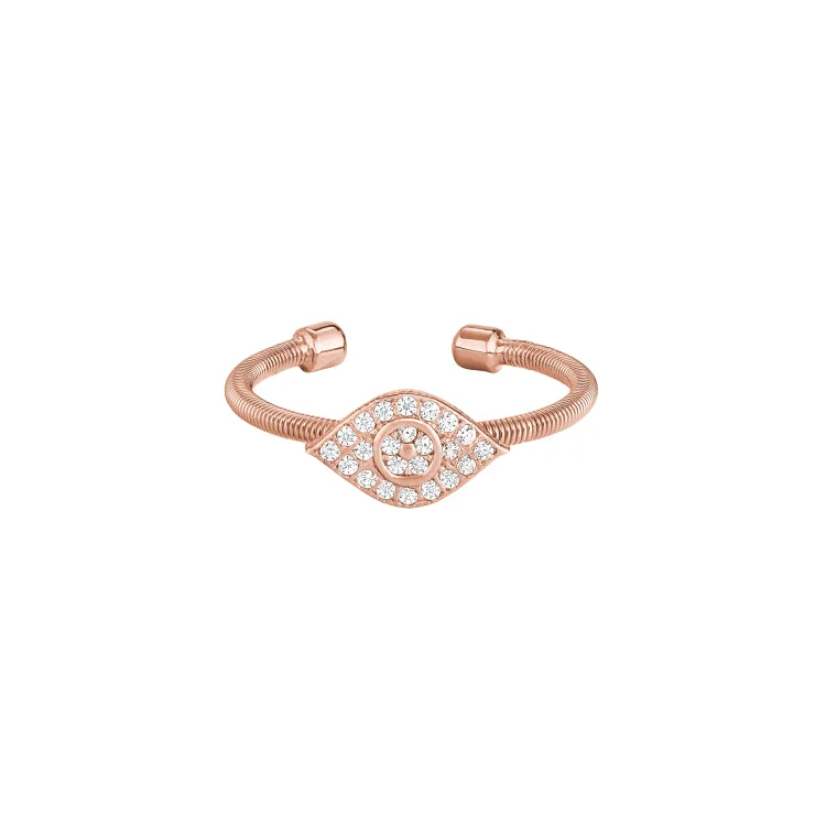 Rose Gold Finish Sterling Silver Cable Cuff Evil Eye Ring with Simulated Diamonds