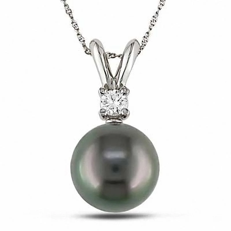 14K W Gold 0.05ct Diamond and 9-10mm Pearl Pendant