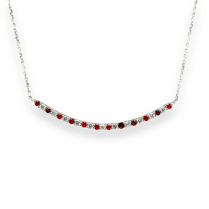 14K W Gold 16" 0.28ctw Diamond and 0.40ctw Rubies Curved Bar Necklace