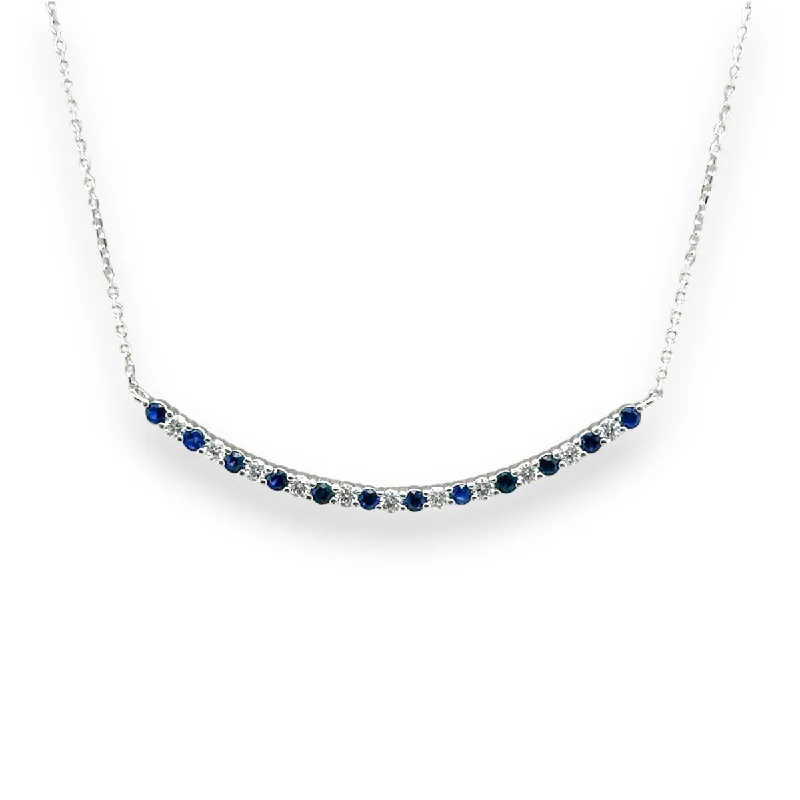 14K W Gold 16" 0.28ctw Diamond and 0.40ctw Sapphire Curved Bar Necklace