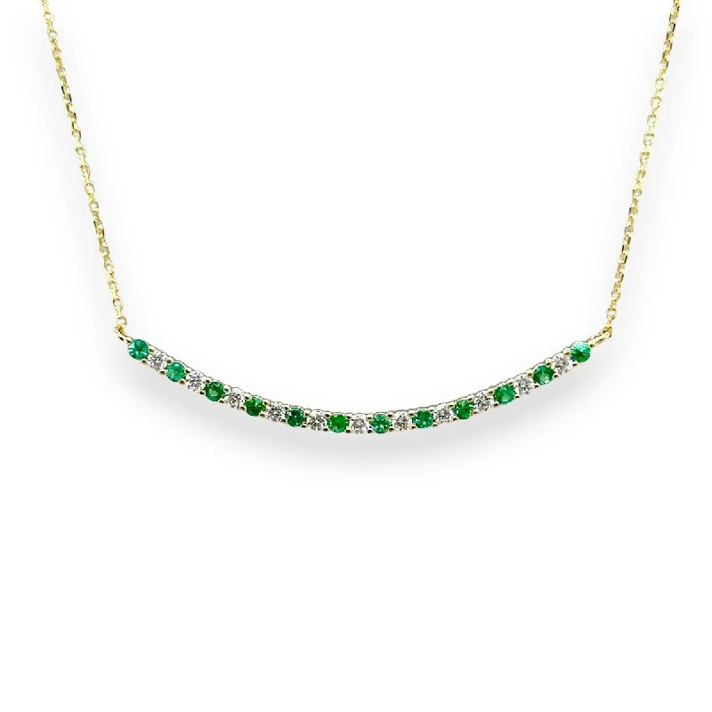 14K Y Gold 16" 0.28ctw Diamond and 0.35ctw Emeralds Curved Bar Necklace