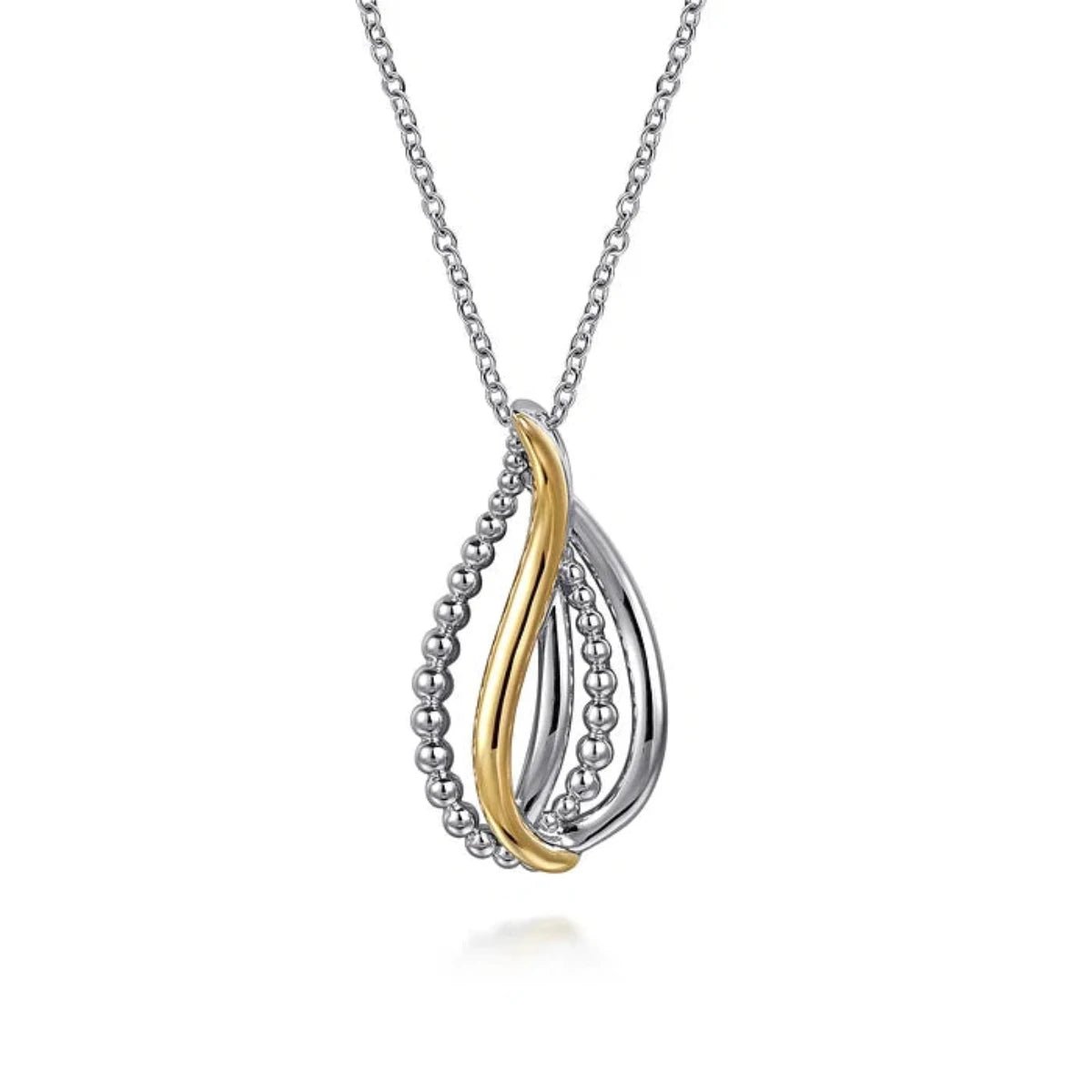 14K Y Gold and SS Multi Row Beaded Teardrop Pendant