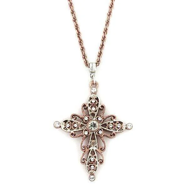 1928 Jewelry Filigree Rose Gold Tone Crystal Cross Pendant Necklace 30"