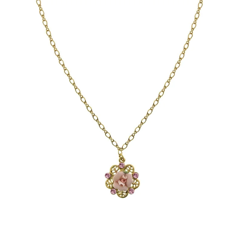 1928 Bridal Pink Crystal And Porcelain Rose Filigree Pendant Necklace 16" + 3" Extender