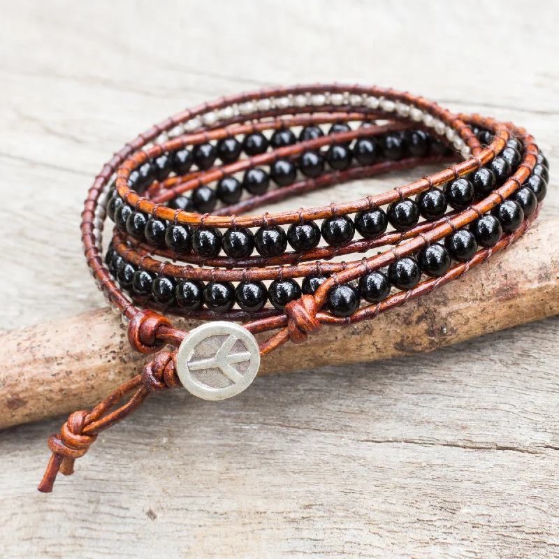 Hill Tribe Boheme Onyx Beads on Brown Leather Wrap Bracelet from Thailand