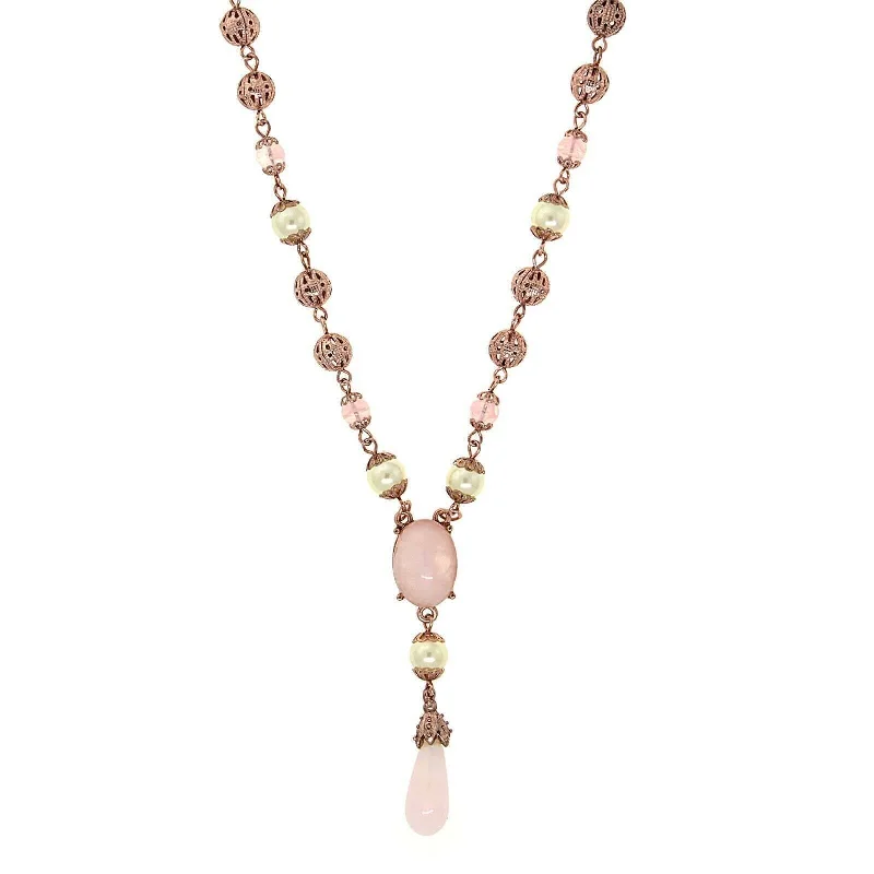 1928 Jewelry Rose Gold Faux Pearl Rose Quartz Y Necklace 16" + 3" Extender